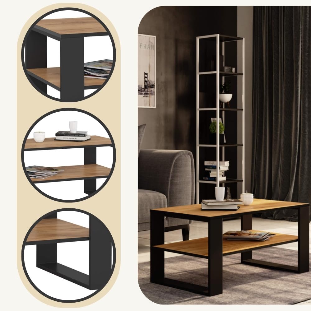 AKORD | Tavolino da Salotto in Legno - ALEX | Tavolo da Caffè con gambe un Ripiano | Coffee Table | Tavolini Basso Moderno | Arredamento Casa | 92 x 45 x 53 cm | Rovere Artigianale & Nero