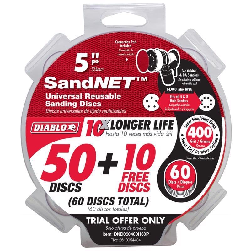 Diablo SandNet Reusable Sanding Discs with Connection Pad for Wood, Metal and Plastics- 5", 400 Grit, Micro Fine, 60-Pack - DND050400H60P