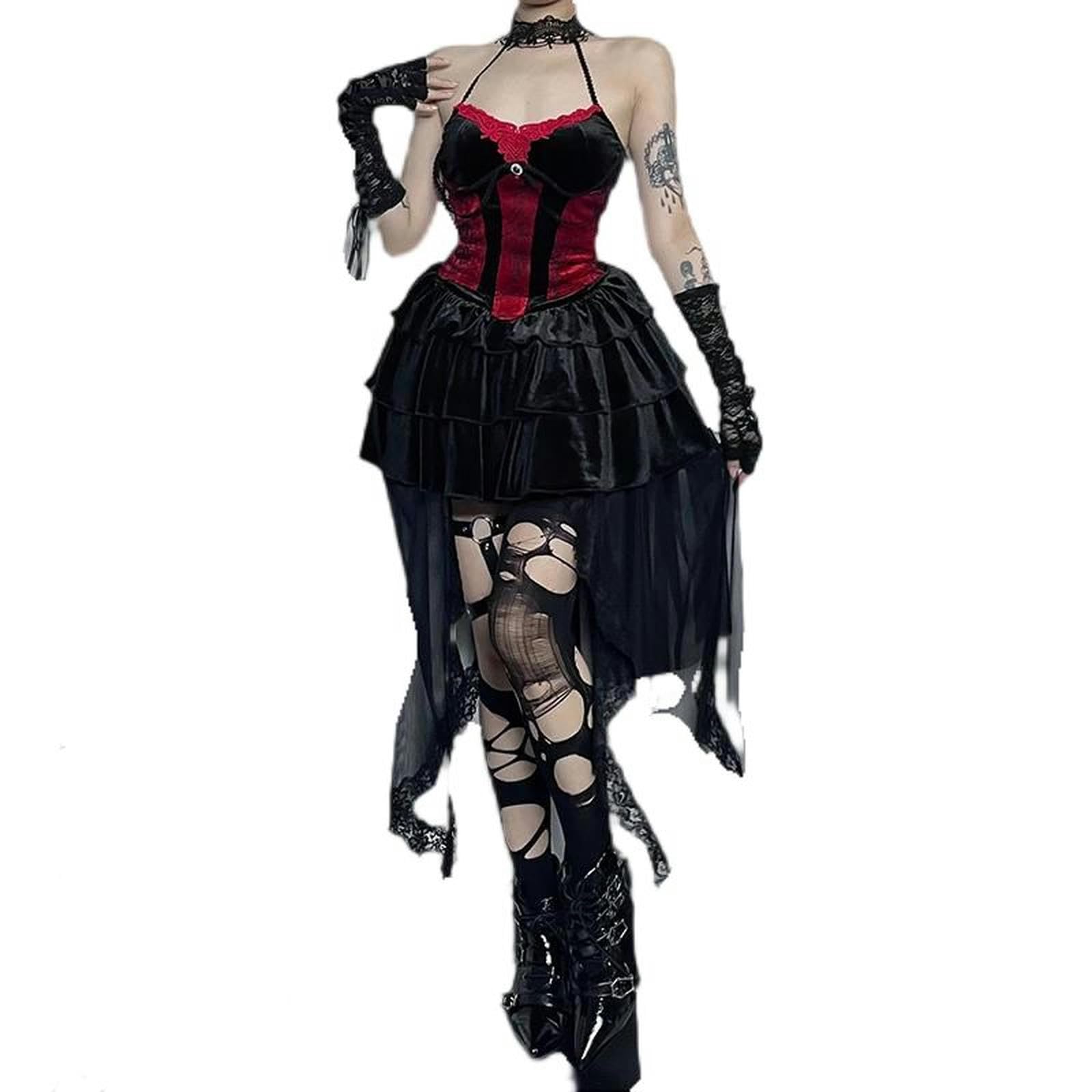 Gonne a Vita Alta con Pizzo Nero, Gonna Corta a Trapezio a Strati in Stile Gotico da Donna-Nero-M