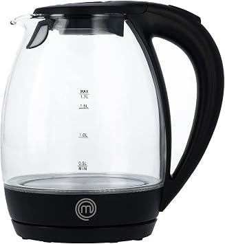 MasterChef Glass Electric Tea Kettle with Automatic Shut Off for Boiling Water, Removable Water Filter, Boil Dry Protection & LED Indicator Light, BPA Free Plastic Base, Cordless, 1.5 Qt 1.7L, 1200W