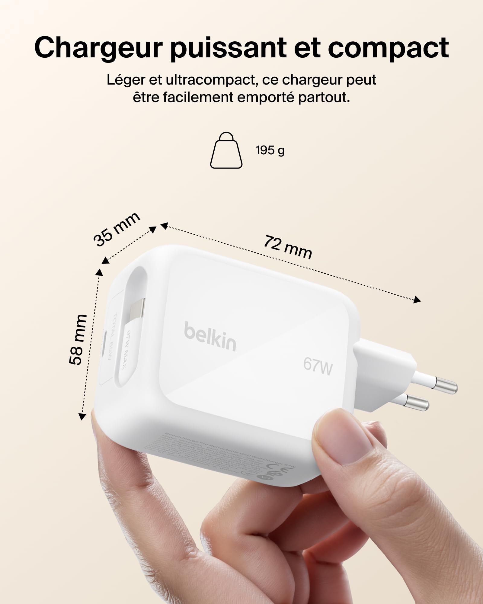 Belkin Chargeur USB-C GaN 67 W avec Câble USB-C Rétractable 1 M Et Port USB C, pour iPhone, Recharge Rapide pour iPhone 17 Et 16 Series, Galaxy S26 Series, AirPods, Tablettes, MacBook, Chromebook
