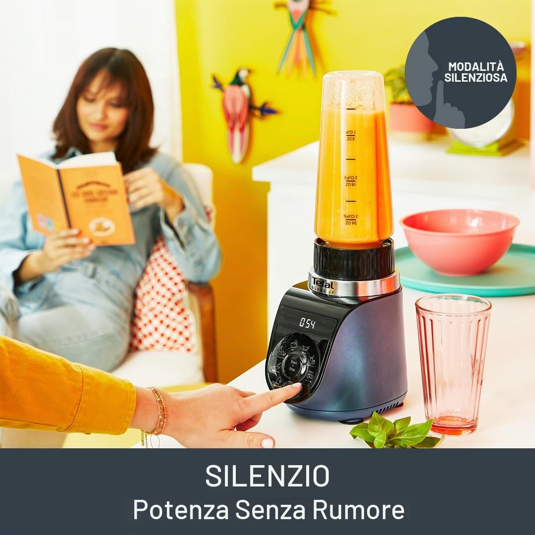 Tefal Blend Up Potente mini frullatore, modalità silenziosa, 1000 W, 8 preset automatici, programma di pulizia automatica, bottiglie On the Go BL19H4G0, blu boreale
