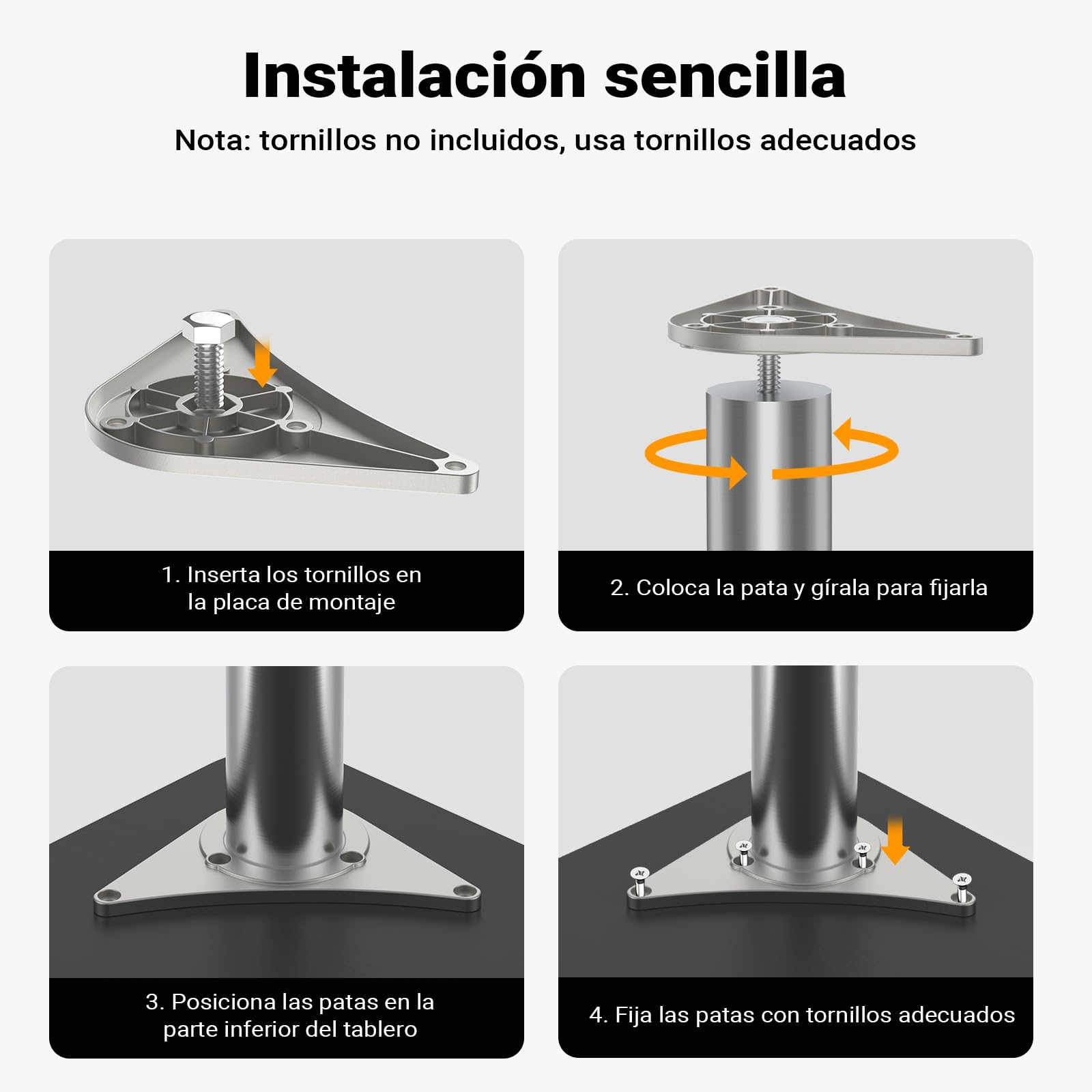 WilTec Juego 4 Patas Pies Acero Inoxidable Níquel Mesa Mueble Adjustable Regulable Altura Ø60mm 1100mm