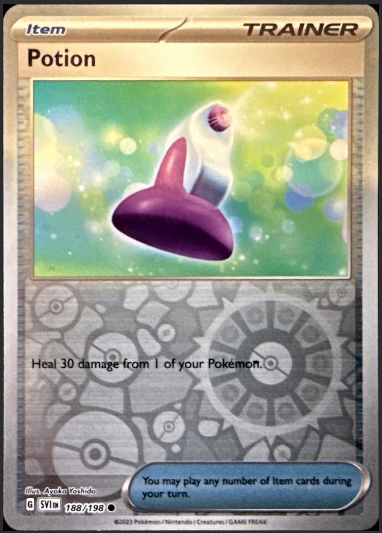 Hareupeun view of the Potion (188/198) Reverse Holo Pokémon trading card, showing the card's artwork, name, and game text.