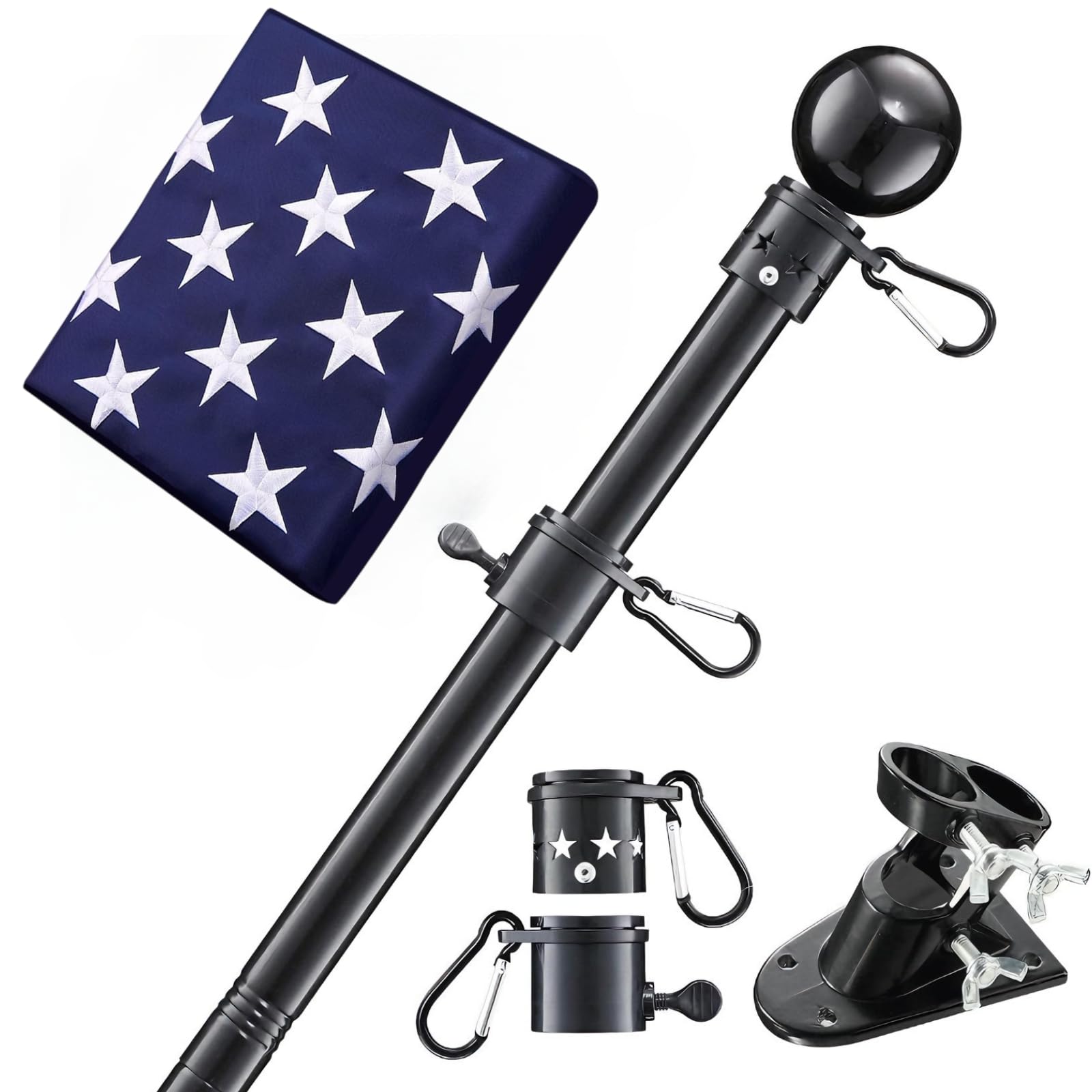 Photo 1 of House Flag Pole With American Flag - Flagpoles Residential Kit with 5ft Tangle Free Metal Flag Pole,3x5 Embroidered US Flag,Holder Bracket,Heavy Duty Flag Poles for Outside House,Porch,Outdoor-Black