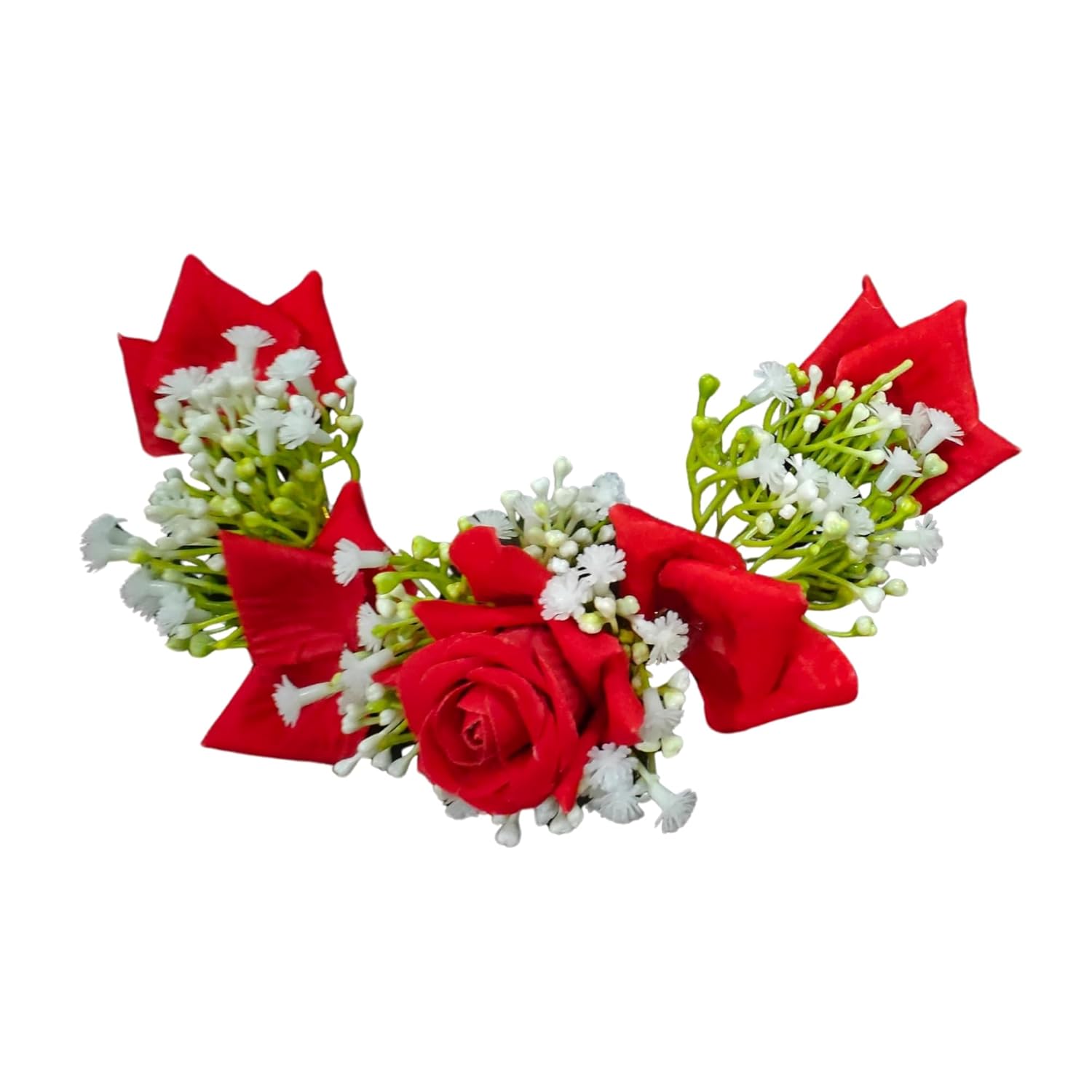 ANVIK Hair Accessories Fancy Party Bridal Wedding Fabric/Artificial Rose Flower Bun Juda Hair Gajra For Women’s Flower Hair Accessory Veni For Hair For Bride (RED)