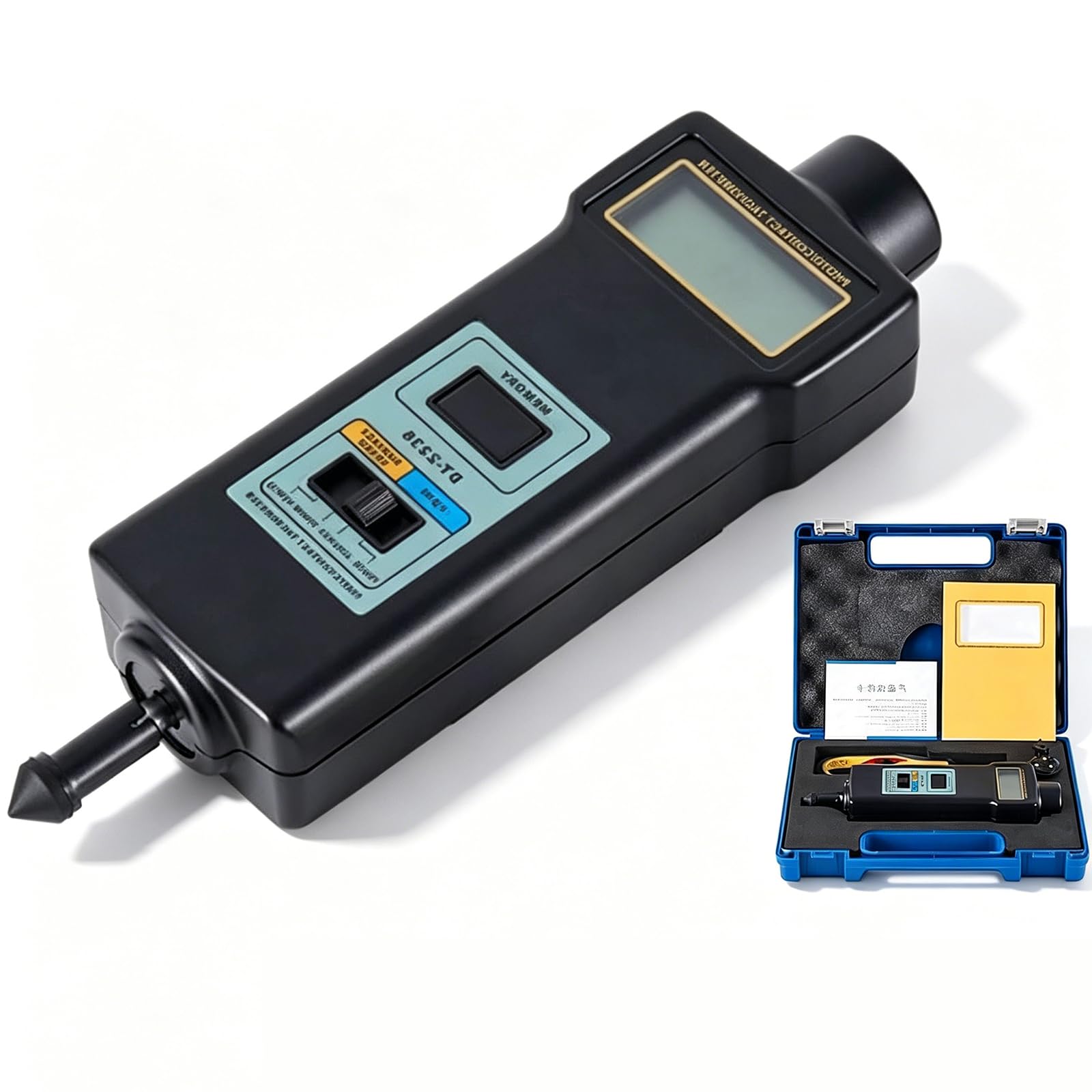 Tacómetro digital, medidor de RPM de contacto y sin contacto 2 en 1, fotosensor láser sin contacto, medición de velocidad lineal (m/min, pies/min), con sonda de 4 piezas, pantalla LCD