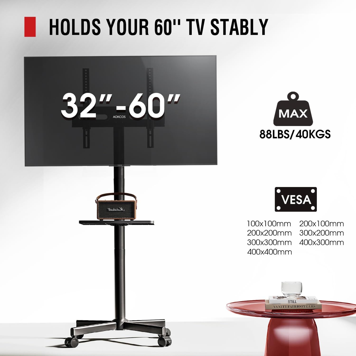 AOKCOS Carrello Porta TV con Ruote per 32-65 Pollici, Supporto TV da Pavimento Altezza Regolabile Inclinabile, Mobile Porta TV da Terra Max VESA 400x400mm 40kg