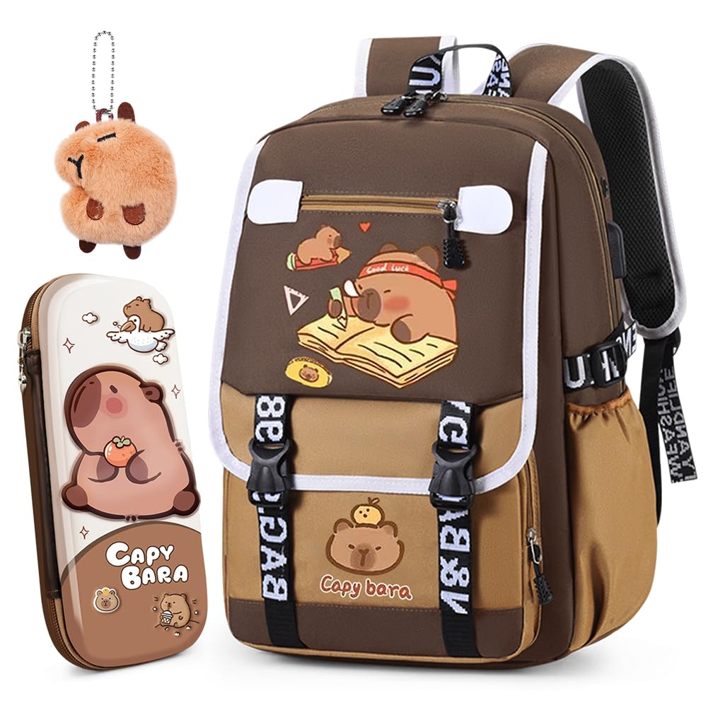 WFKKMEQ Capybara Backpacks, Children's Rucksack with Capybara Pencil Case Keychain Cartoon Schoolbag Lightweight Rucksack Travel Bag Nursery Book Bag Casual Daypack Toddler Backpack for Kid