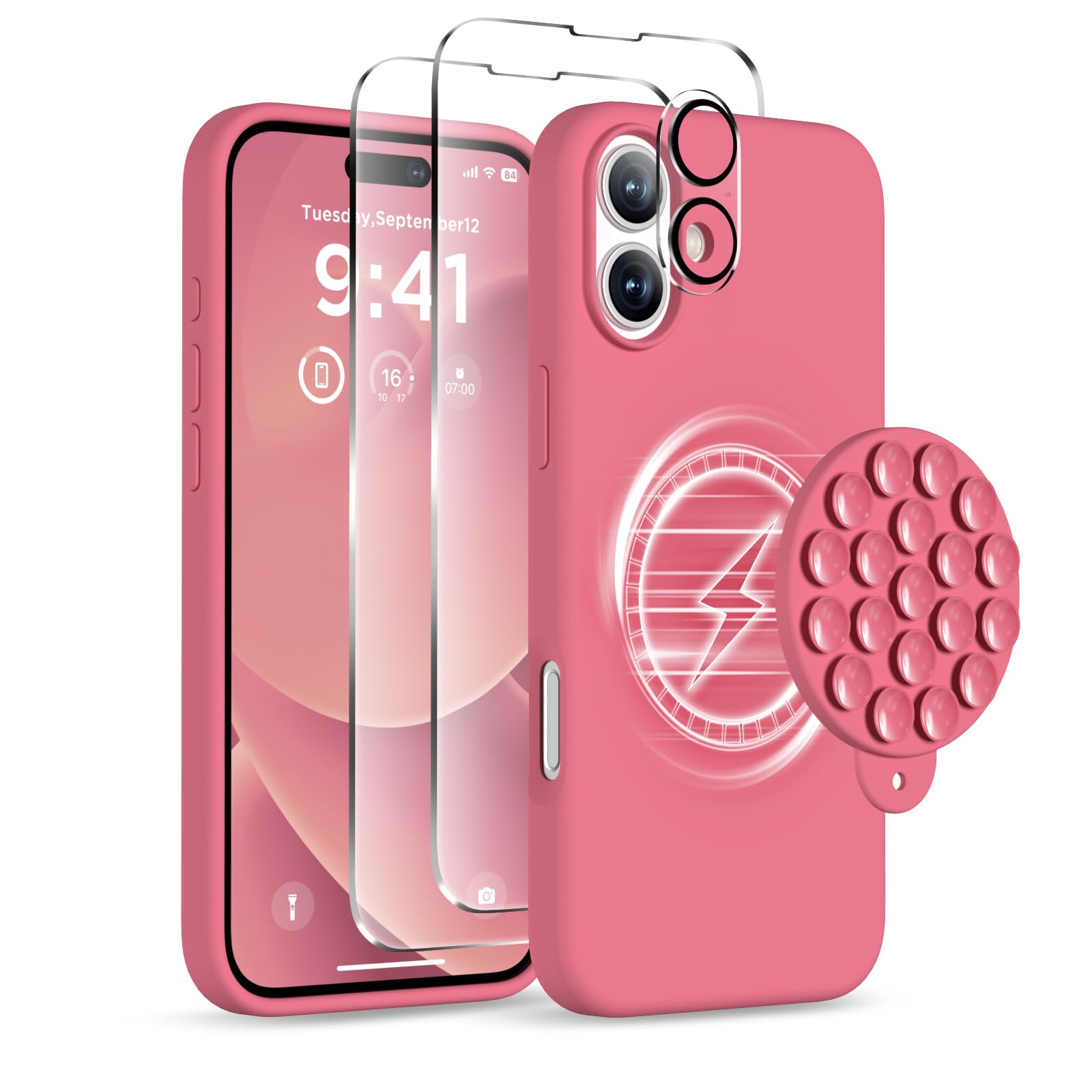 COFFKER Magnetic for iPhone 16 Plus Case, Compatible with Magsafe, Suction Cup Phone Mount - 2 Screen Protectors - Camera Lens Protector, Silicone