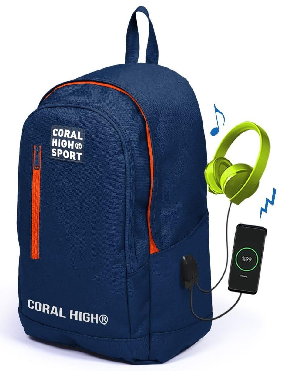 Coral High Sport Lacivert Üç Bölmeli Usb Şarjlı Kulaklık Çıkışlı Sırt Çantası 23232