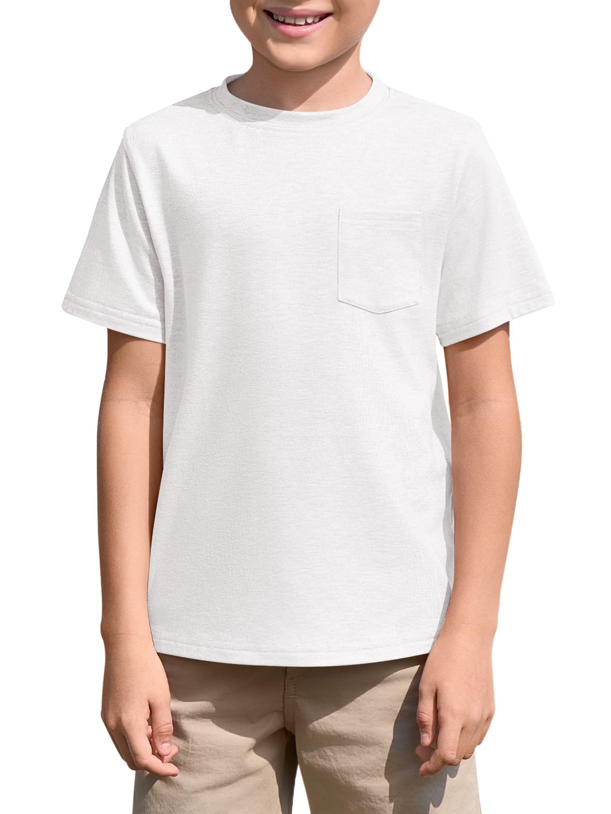 Haloumoning Camiseta de manga corta con cuello redondo para niños, para verano, lisa, ligera, ajuste regular, camisetas deportivas, informales, básicas, con bolsillo en el pecho, 5-14 años — view 8