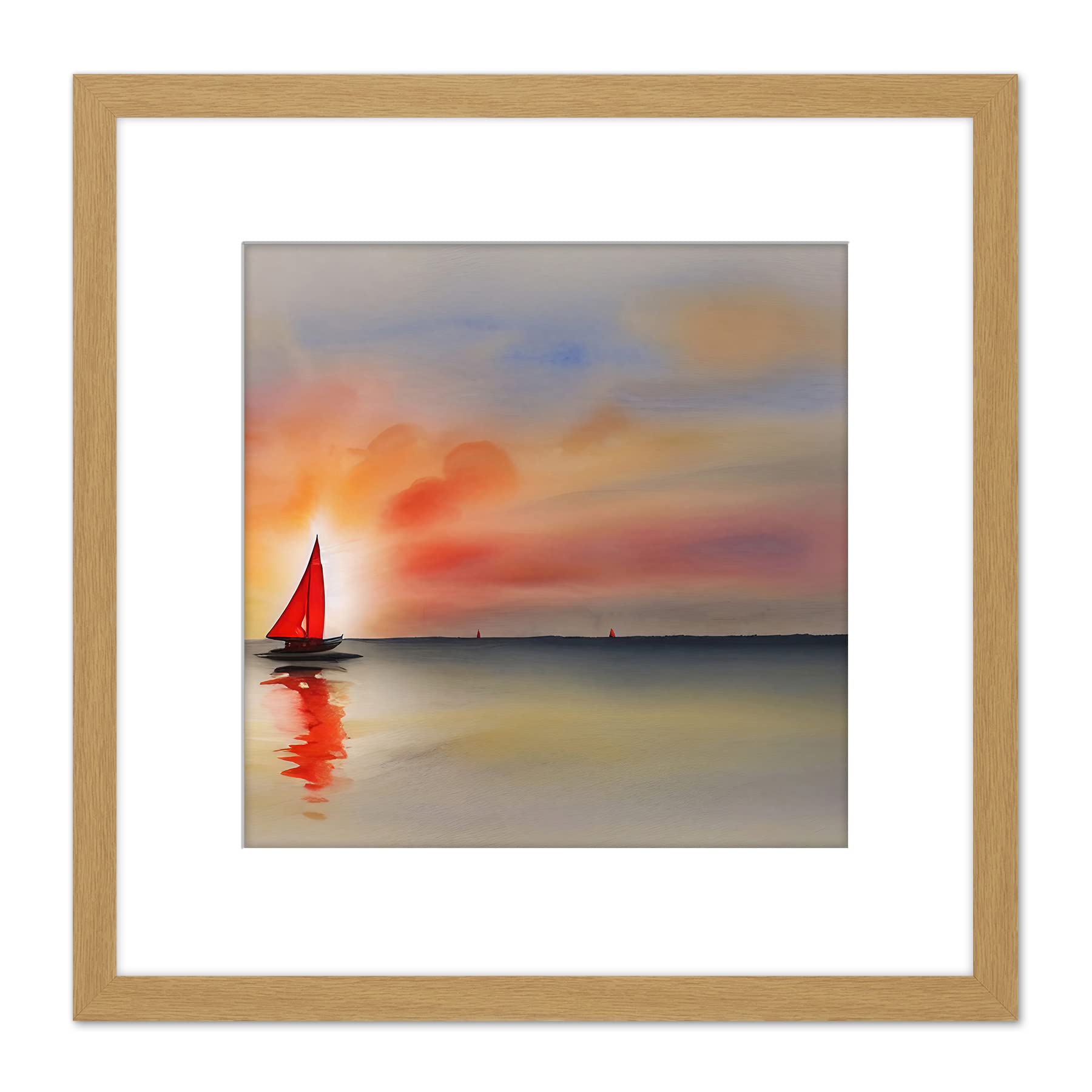Wee Blue Coo Framed Light Oak 8X8 Into The Sunset Watercolour Sailing Red Sail Boat On Calm Sea Square Wooden Framed Wall Art Print Picture 8X8 Inch
