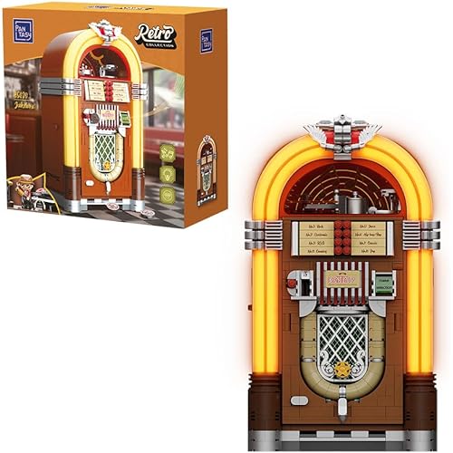 Retro Jukebox Building Kit with Coin & Sound Function, Mechanical Music Box Model with Acrylic Records, Recording Studio & Minifigure, Collectible Construction Toy Gift for Adults and Teens