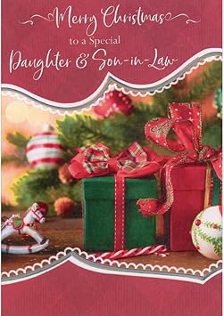 Designer Greetings Rocking Horse Toy, Green and Red Presents Closeup Photo Christmas Card for Daughter and Son-in-Law