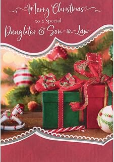 Designer Greetings Rocking Horse Toy, Green and Red Presents Closeup Photo Christmas Card for Daughter and Son-in-Law