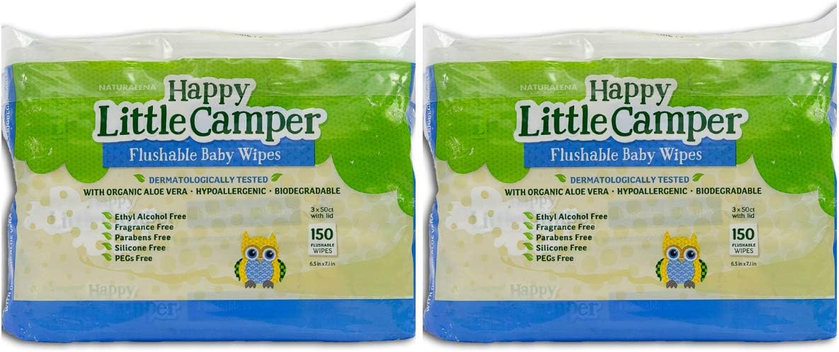 Happy Little Camper Natural Flushable Baby Wipes with Aloe Vera and Vitamin E, Hypoallergenic, Fragrance Free, Chlorine-Free, Safe for Sensitive Skin, 300 Count (6 packs of 50 count flip top pack).