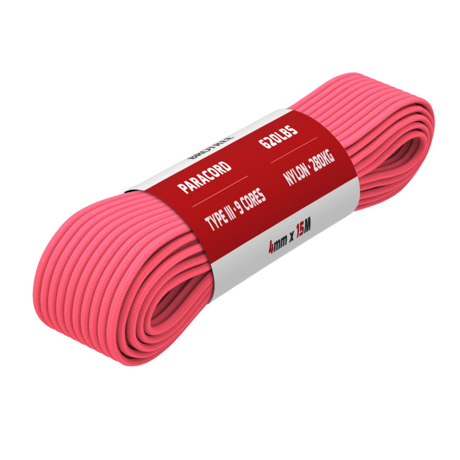 Brotree Paracord 4mm 15M 9 Strands 100% Nylon Rope Type 3 Parachute Cord for Outdoor, Bracelet, DIY - 280kg Breaking Load (Neon Pink)