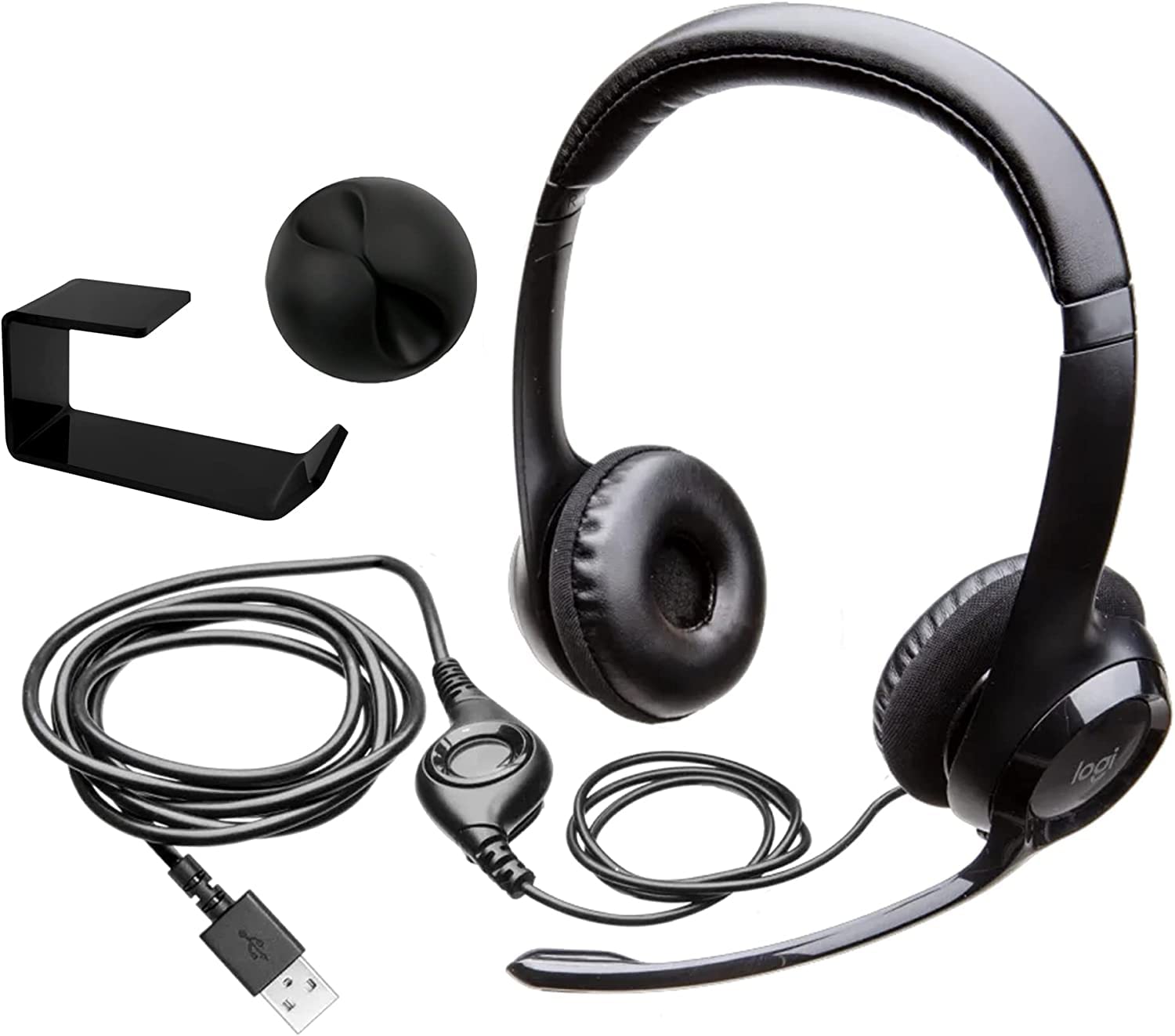 Logitech H390 USB Headset with Noise-Cancelling Microphone and Vexko Headphone Hanger, Under Desk Ho