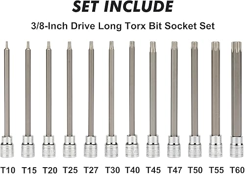 Miniatura 2 de CASOMAN Juego de dados Torx extra largos de 38", juego de brocas Torx Star de 12 piezas, T10 a T60, longitud 5.906 in, acero CR-V y S2