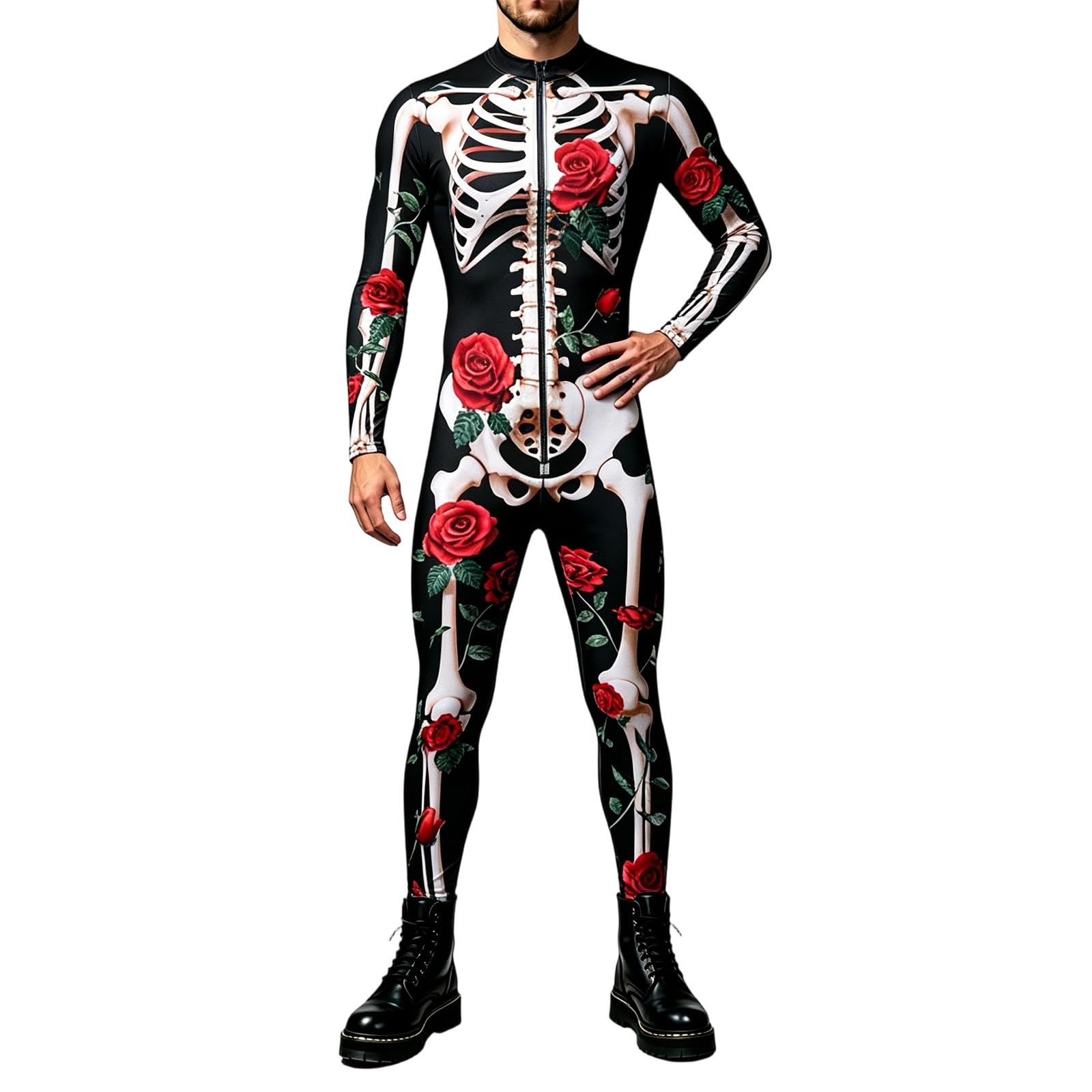 Mono esqueleto Halloween hombre ajustado cremallera frontal funcional 6