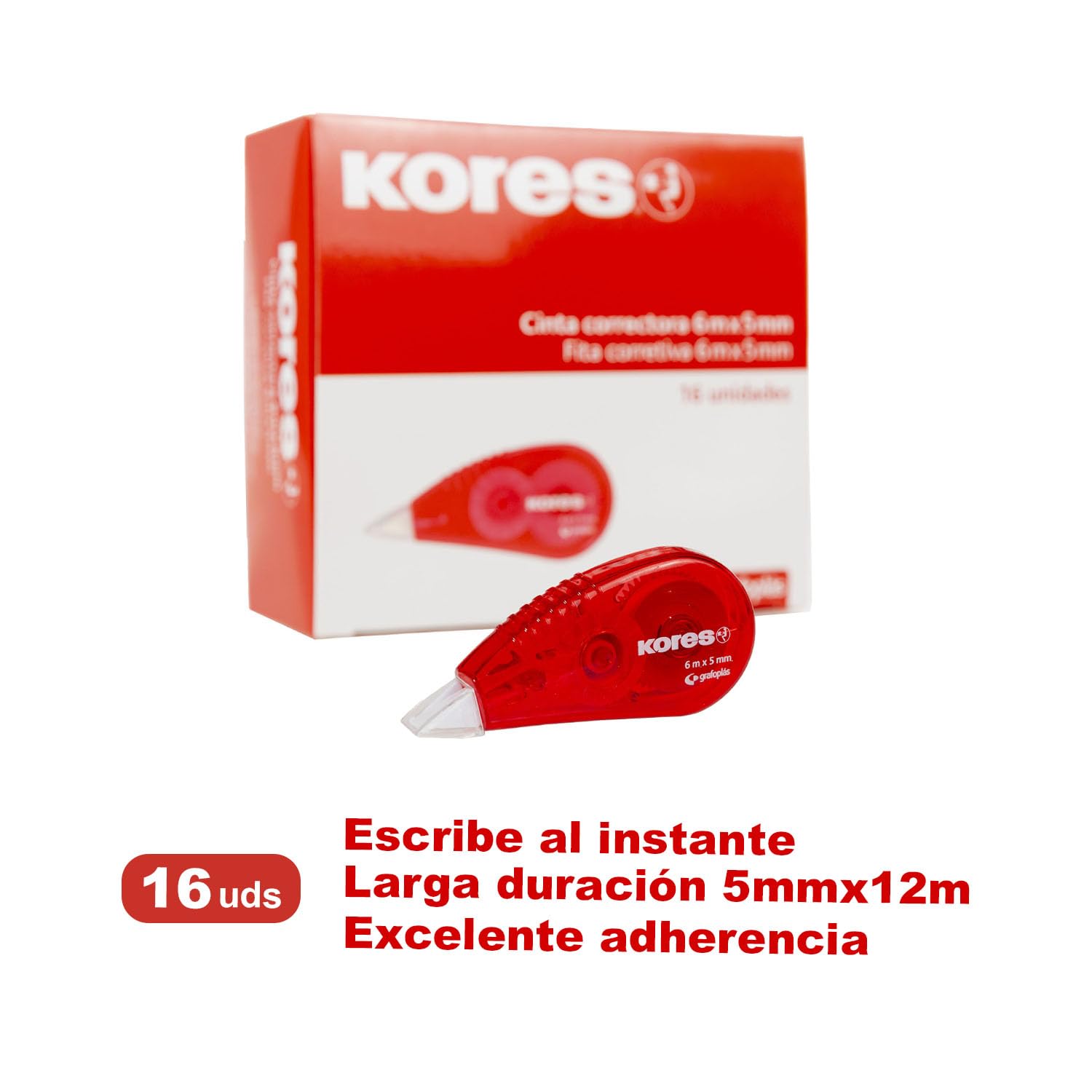 Kores - Cintas Correctoras en Seco, Pack de 16 Cintas Correctoras de 6X5 mm, Perfectas para Correcciones de Boligrafo