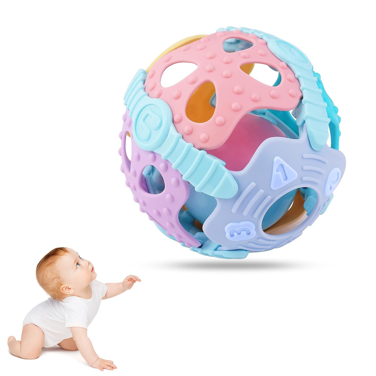 Baby Teether Ball Toy Soft Silicone Sensory Rattle with Sound | 18cm Colorful Grip Chew Toy for Infant Teething Relief and Early Development-image-30