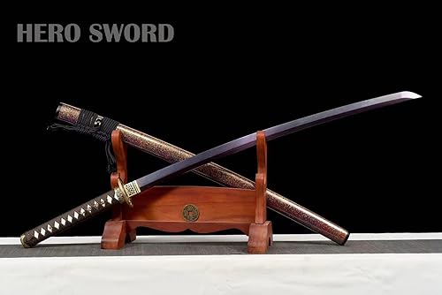 Miniatura 4 de HERO SWORD Espada Katana auténtica hecha a mano de acero de Damasco real, espada samurái de espiga completa, afilada, chizo japonés, Muramasa,