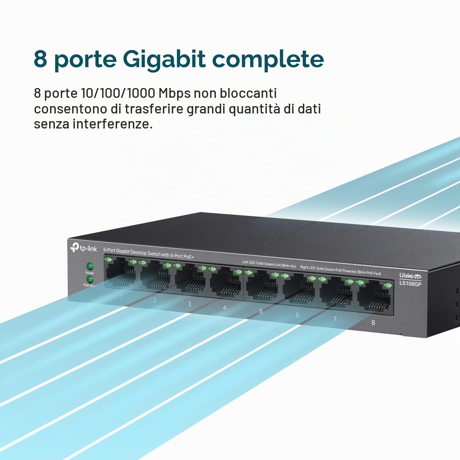 TP-Link LS108GP | Switch Gigabit Ethernet | 8 porte PoE+ | Plug & Play | Modalità di estensione | Ripristino automatico PoE | Montaggio desktop/parete | Funzionamento silenzioso