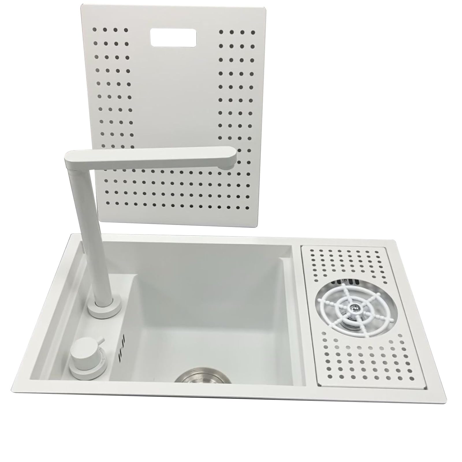 ZQFHSX Stainless Steel White Bar Sink with Cover Plate & Lift Faucet – Small Hidden for Coffee Shops Kitchen, Glass Rinser, Space-Saving Under-Counter