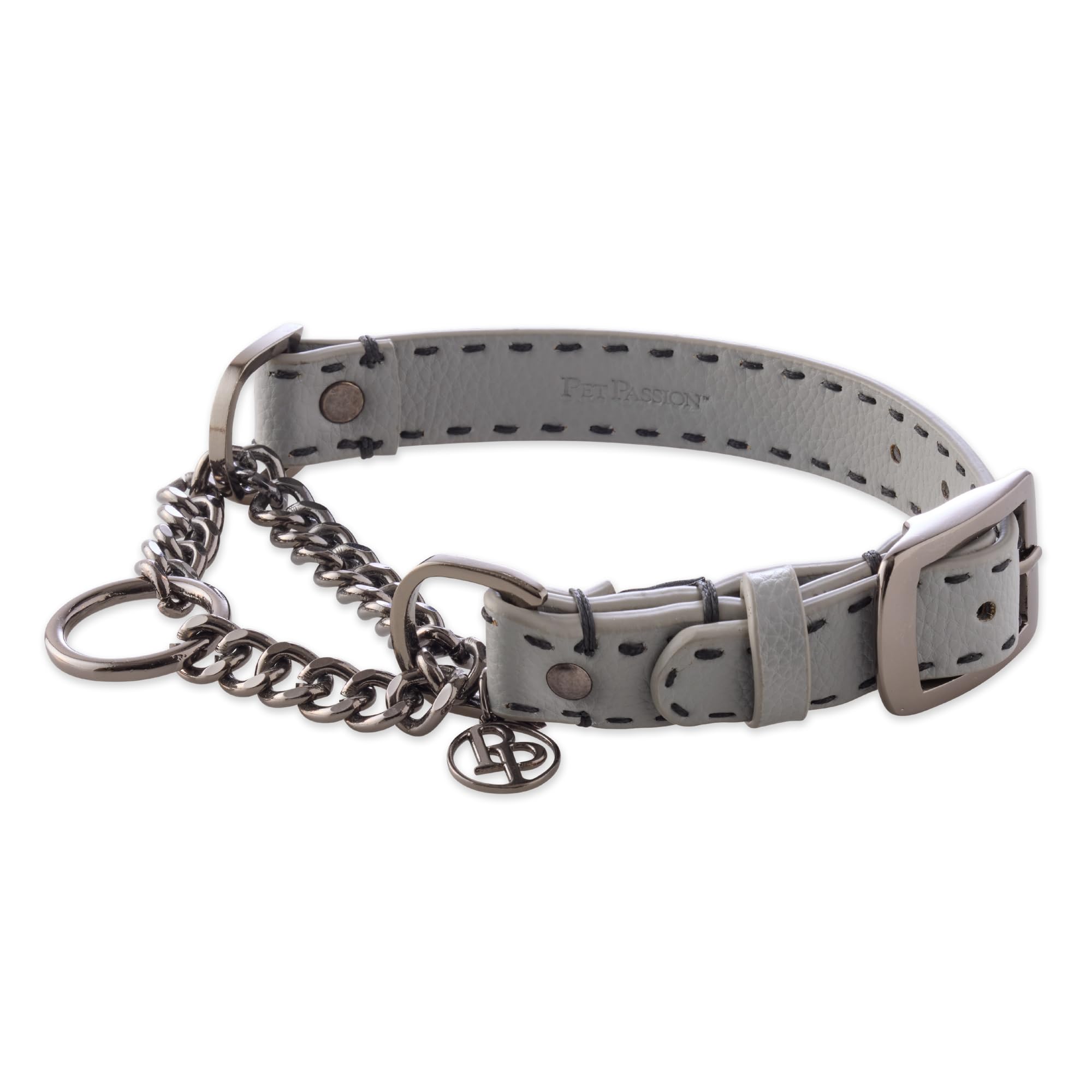 Pet Passion Rein - Collar Ajustable de Cuero Vegano Martingale sin tirones para Entrenamiento de Mascotas, para Cachorros, Perros pequeños, medianos y Grandes, Gris, Grande