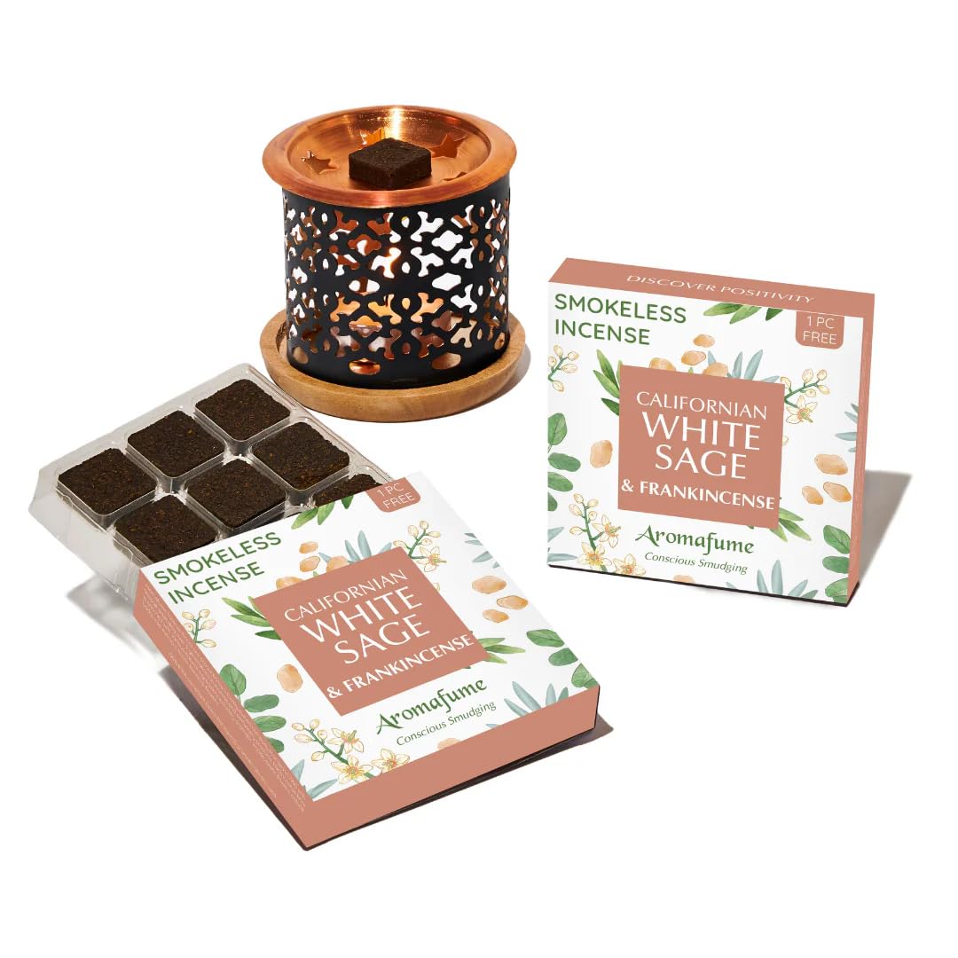 Aromafume Frankincense White Sage & Incense Bricks With Snowflake Burner By | 2X9 Bricks | Sage Incense For Cleansing Negative Energy & Protection | Sage For Smokeless Smudging, Spiritual Cleansing
