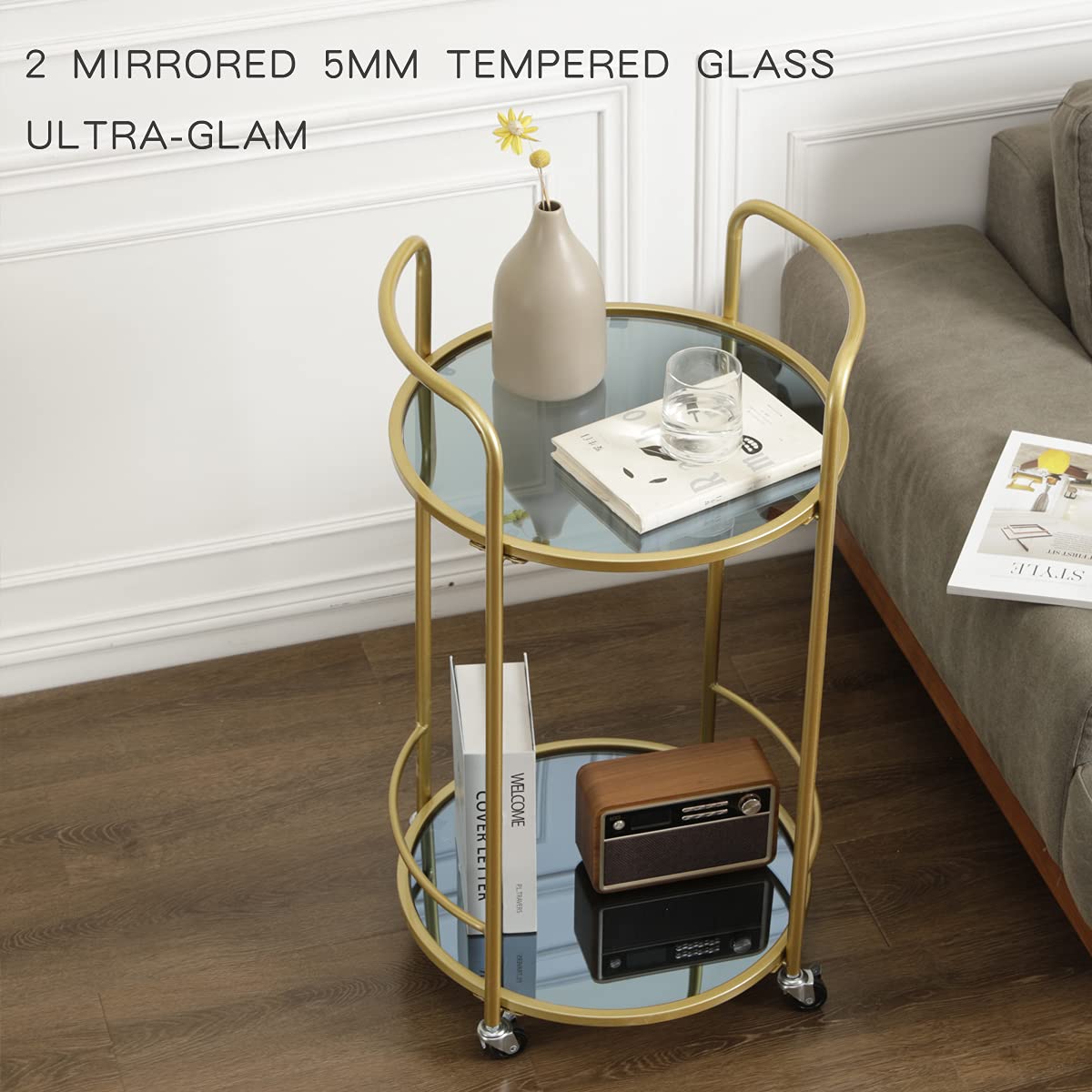 ZIOTHUM Round Bar Cart, Gold Bar Cart, Rolling Metal Small Wine Liquor