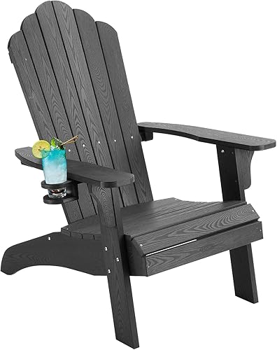 hOmeHua Silla Adirondack de plástico de gran tamaño resistente a la intemperie con soporte para tazas, rayas de madera de imitación, fácil de montar