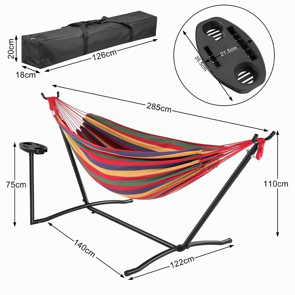 BAKAJI Amaca da Giardino a Brasiliana con Supporto in Acciaio e Stand Portabicchieri, Portatelefono e Tablet con Borsa da Portata Salvaspazio, Capacità Carico 200kg, Ideale per Esterni e Interni