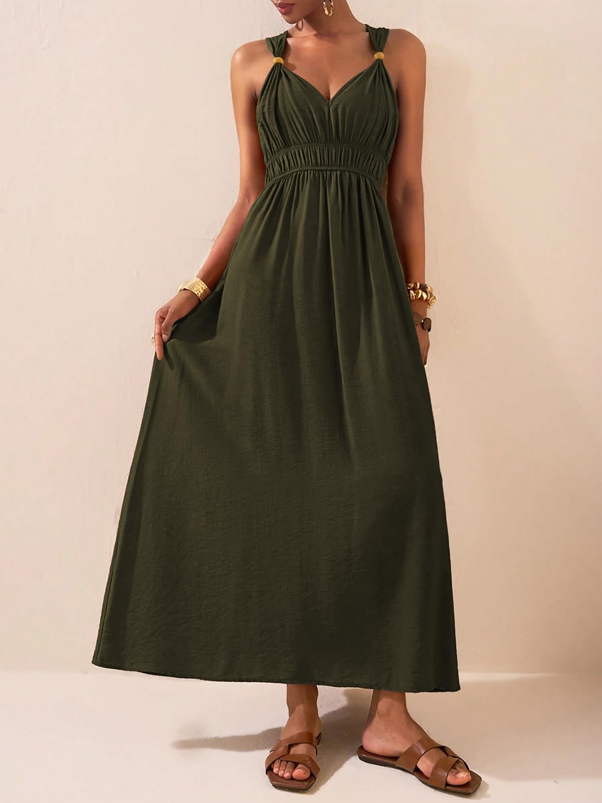 LIAMERHE Robe Longue Femme Été Chic et Élégante - Robe Maxi Décontractée Col en V sans Manches Robe de Plage Bohème Vintage Taille Haute Élastique pour Vacances Fête Quotidien