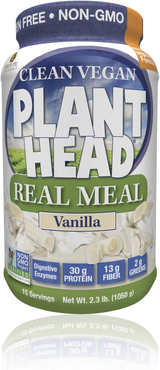 Plant Head Real Meal Organic Plant Based Protein Powder, Vanilla – Vegan, Low Net Carbs, Non Dairy, Gluten Free, Lactose Free, No Sugar Added, 2.3 Pound