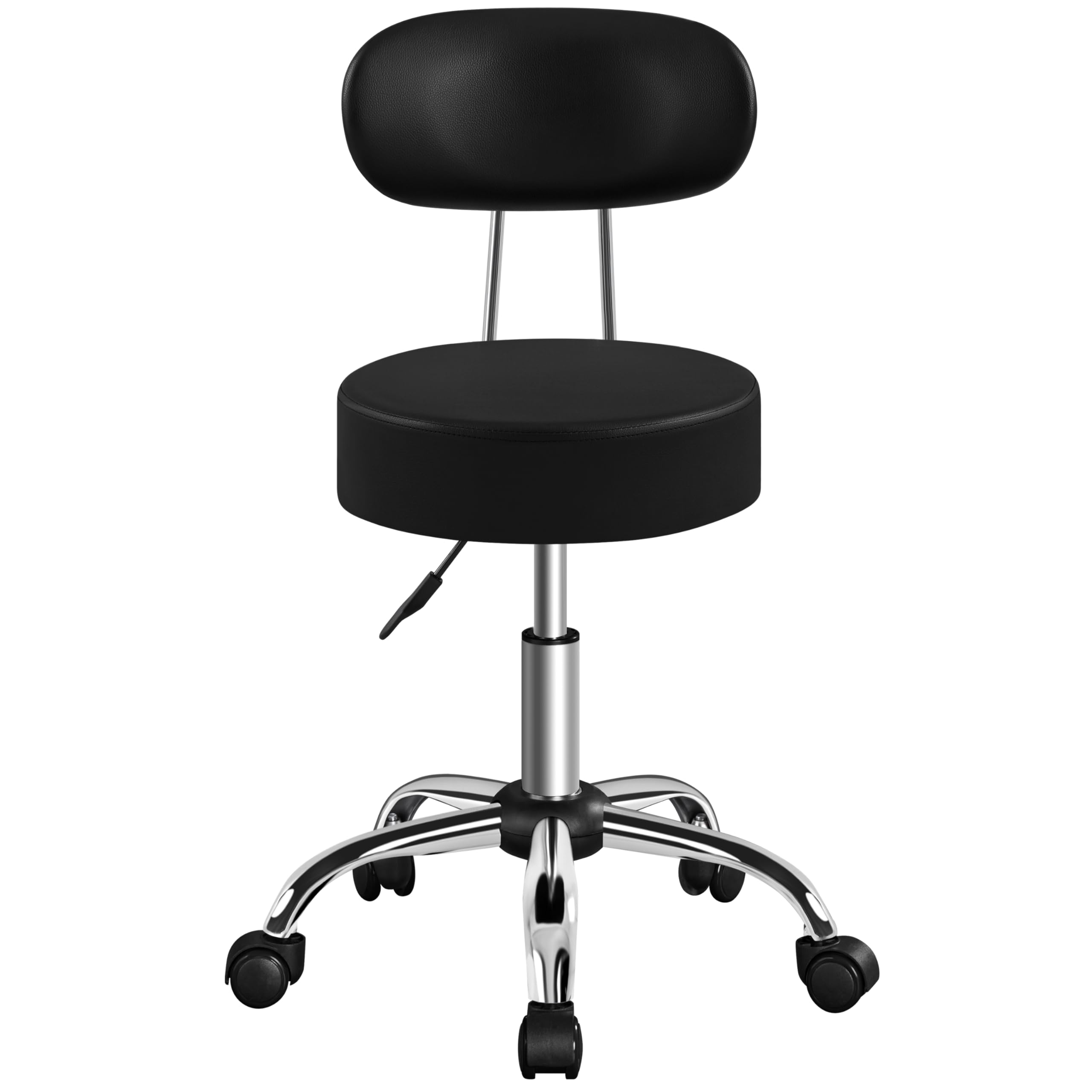 Yaheetech Sgabello Girevole con Schienale Rotelle e Base Larga Sgabellino in Similcuoio Altezza Regolabile per Estetista Spa e Salone (Nero)