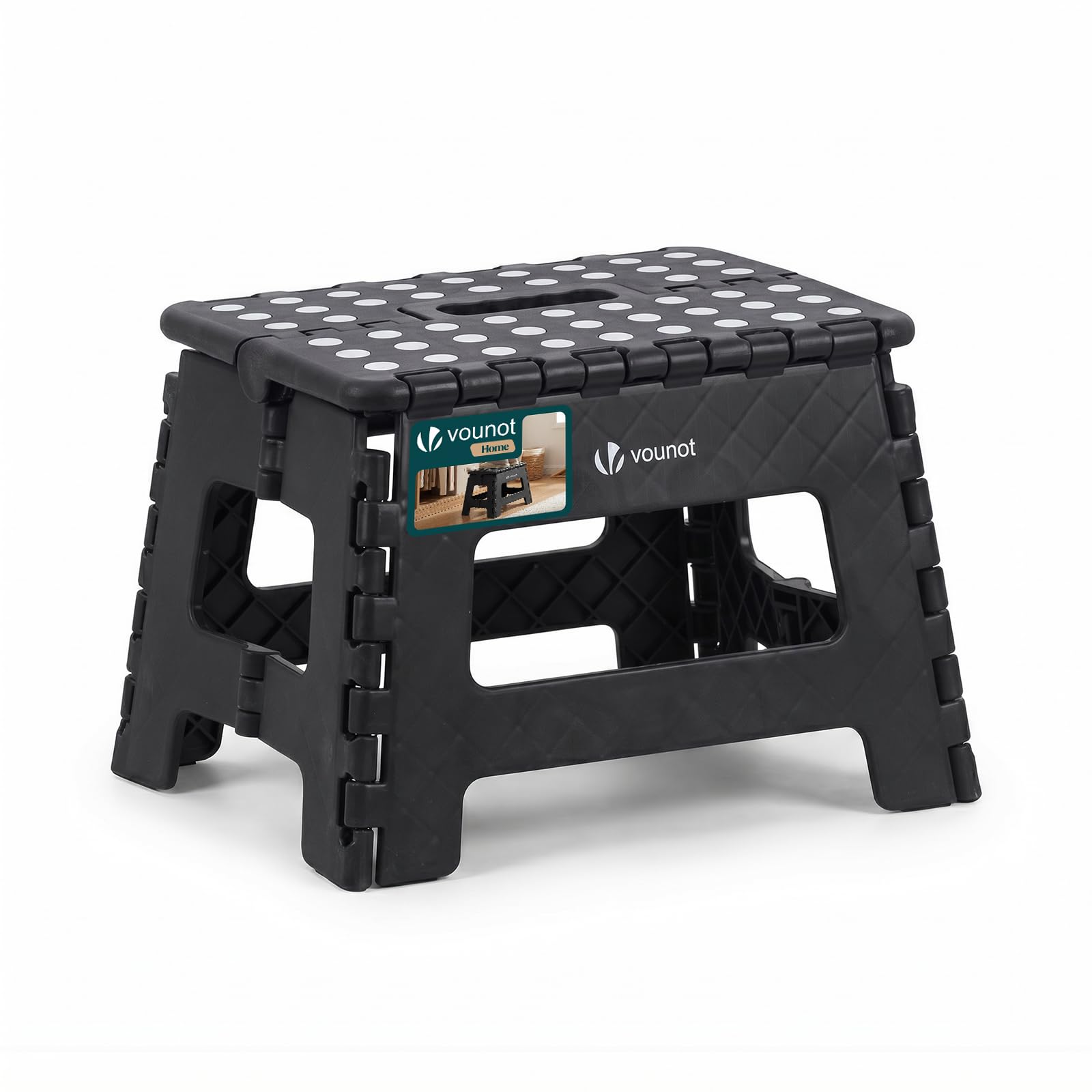 VOUNOT® Folding Step Stool, Portable Stepping Stool with Carrying Handle, Anti-Slip Folding Stool for Bathroom, Garden, Camping, Home, 32 x 25 x 22 cm, Black