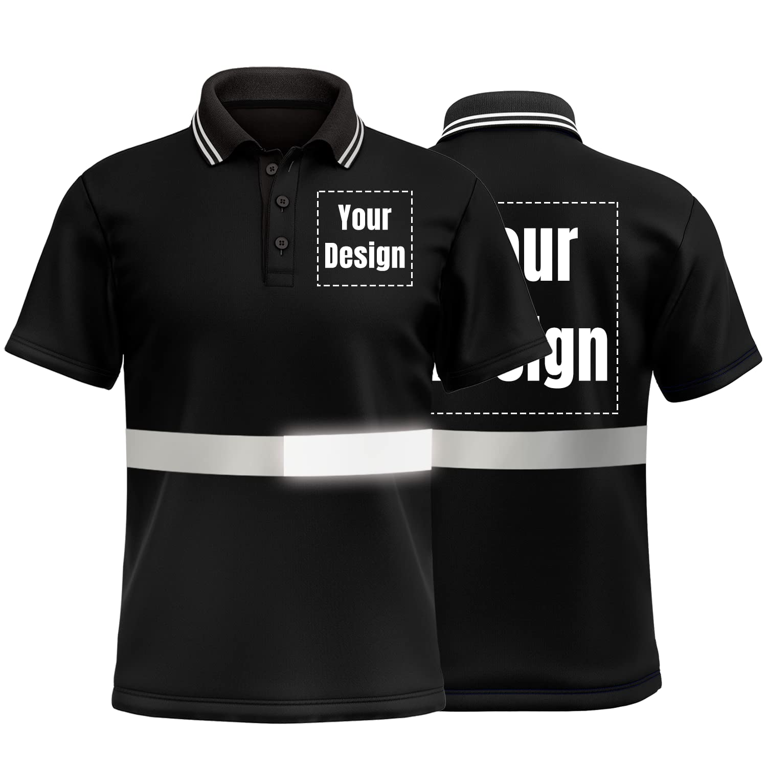 High Visibility Safety Polo Shirt with Reflective Strips Custom Your Logo Hi Vis Short Sleeve Shirt (L, Black - Style 1)
