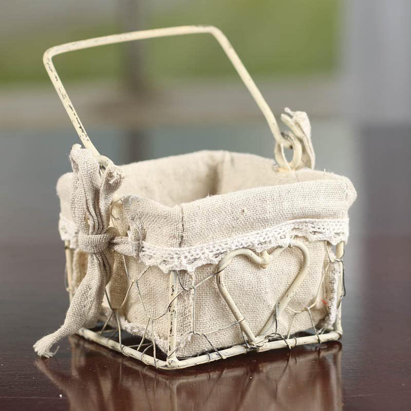 White Washed Chicken Wire Basket with Natural Linen Liner and Heart Accent. Use The Small Basket in Cottage, Coastal or Farmhouse Home Decorating