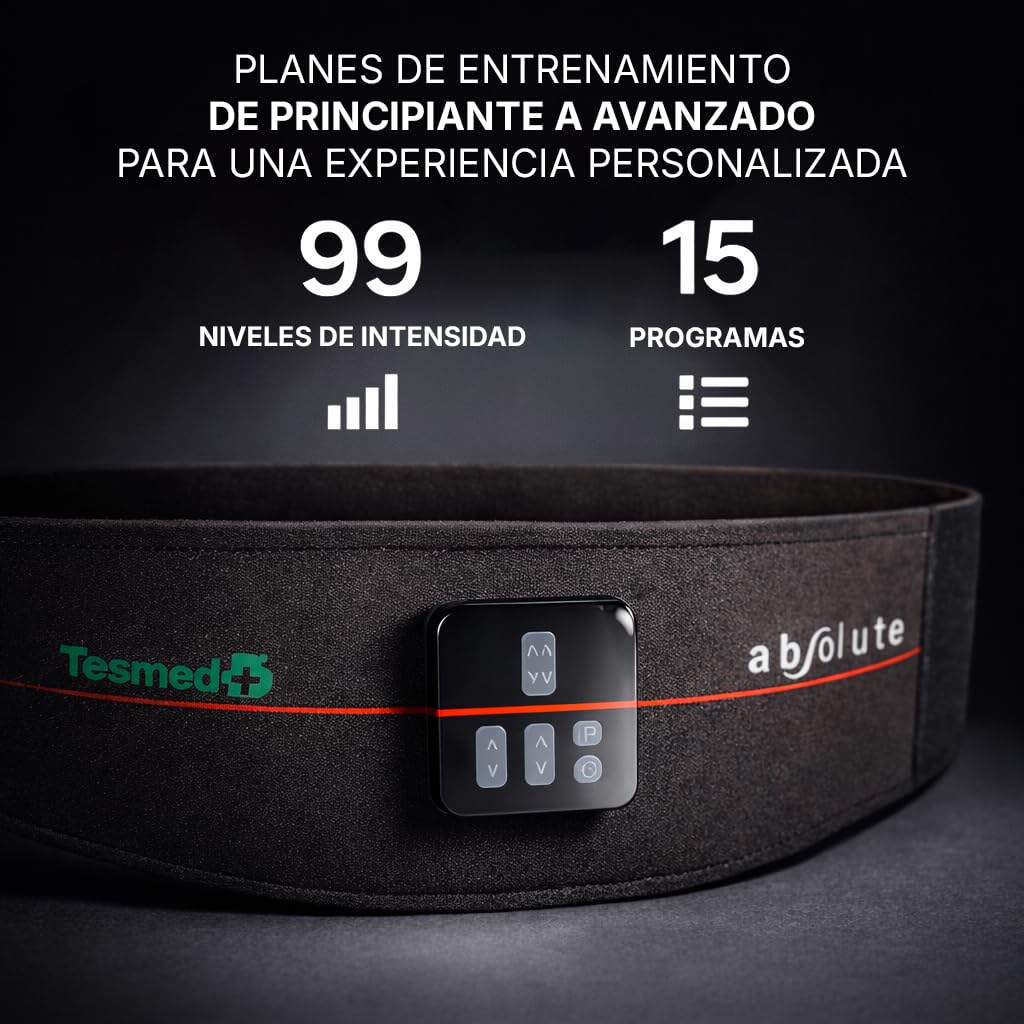TESMED Absolute: Cinturón para Electroestimulación de Abdominales Centrales y Laterales - Recargable por USB, 99 Intensidades - Inalámbrico, Unisex