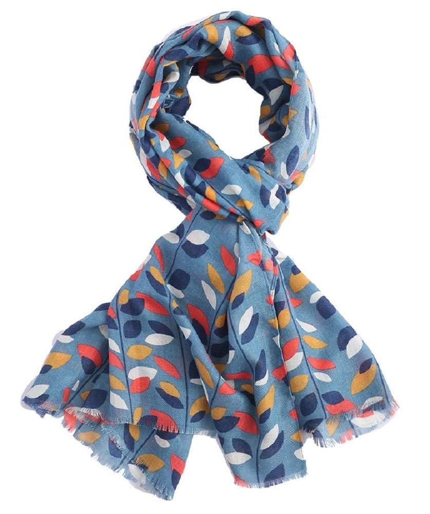 LilyRosa® Blue Leaf Scarf Colourful Leaves Modern Retro Print Ladies Scarves Wrap Shawl Scarfs
