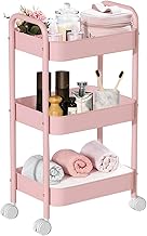 3-Tier Rolling Utility Cart with Caster Wheels, Easy Assembly for Kitchen, Bathroom (Pink)
