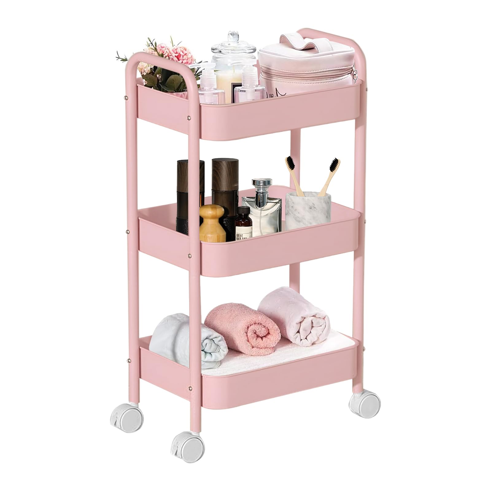 MEETOZ 3-Tier Rolling Utility Cart with Caster Wheels, Easy One Size, Pink