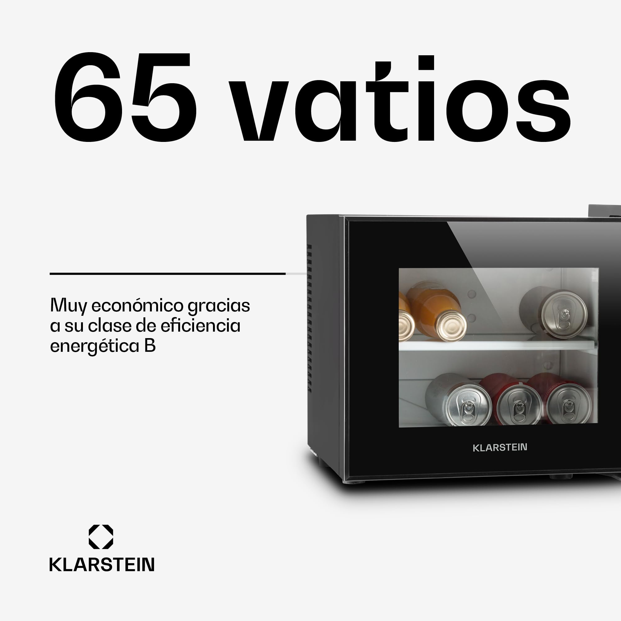 KLARSTEIN Frosty Nevera Mini - Frigorífico de bebidas, 10 litros, 65W, Puerta de cristal, Doble aislamiento, Baja contaminación acústica, Diseño compacto, Estantes extraíbles, Clase B, Negro