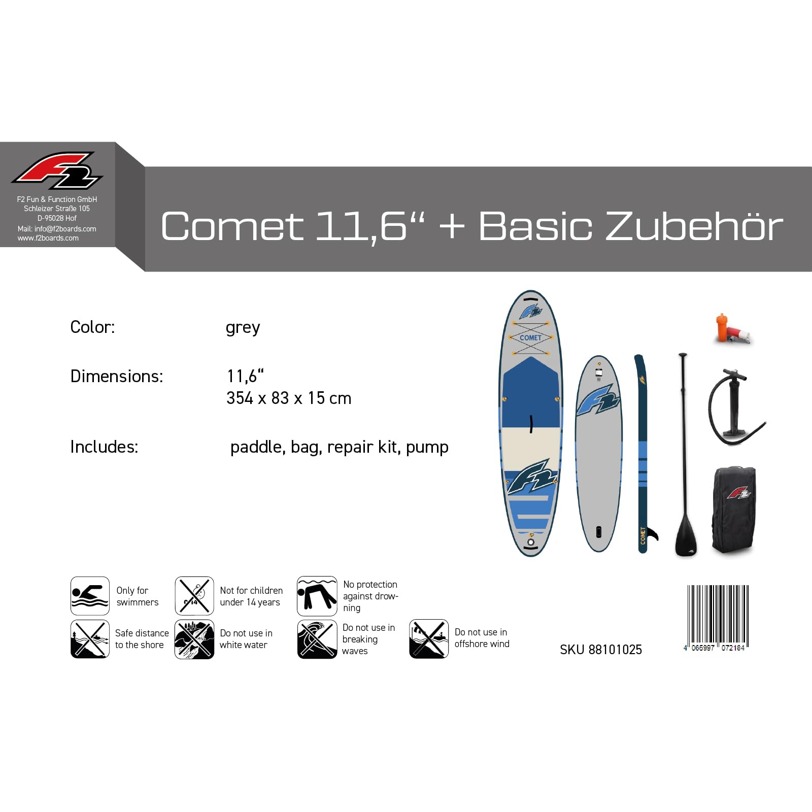 F2 SUP Stand Up Paddle Board Comet - Größe/Farbe/Zubehör wählbar
