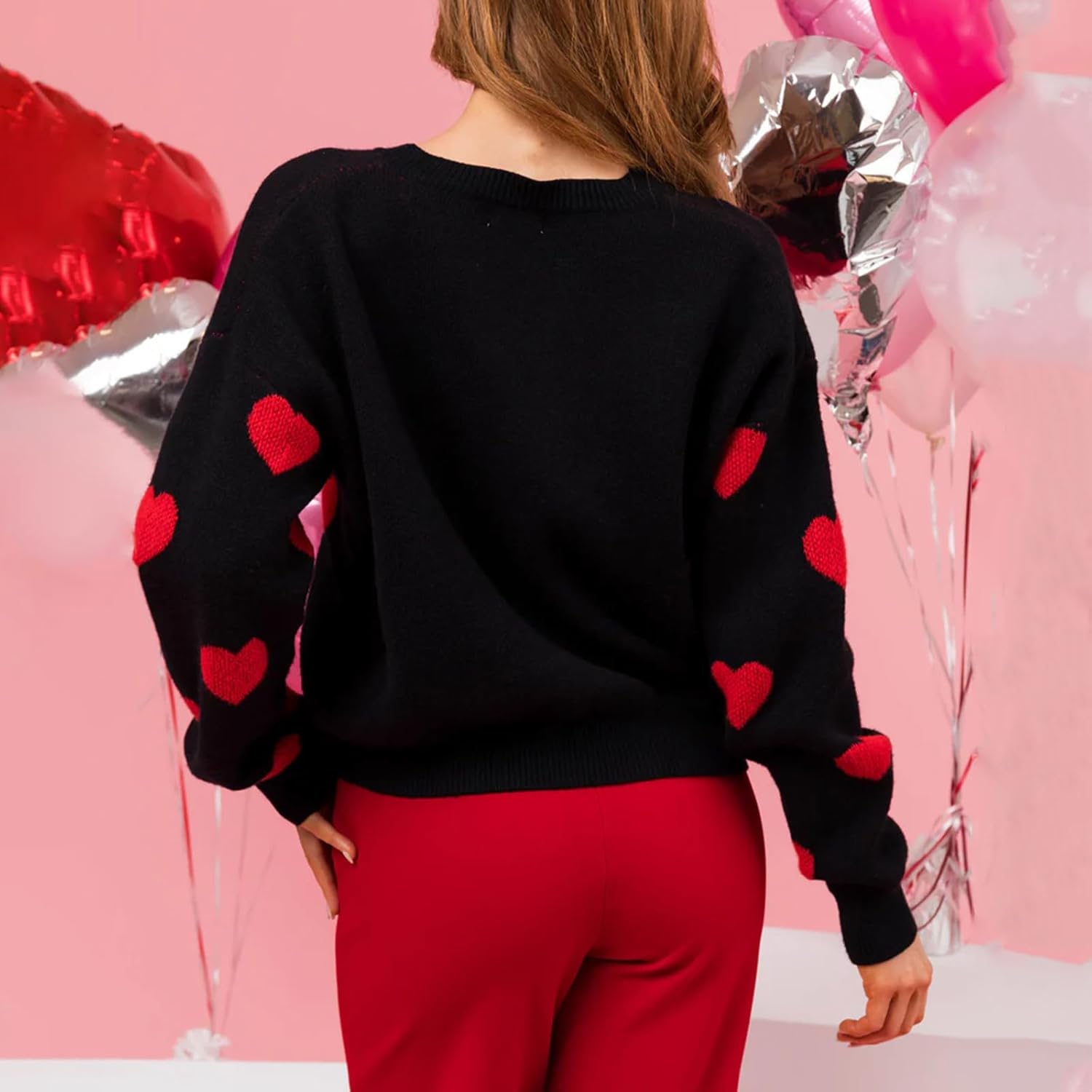 Women's Valentine's Day Heart Print Sweater Loose Crew Neck Long Sleeve Pullover Knit Tops for Date - Image 5