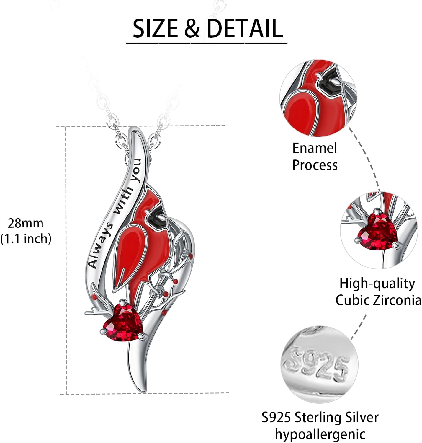 Sterling Silver Cardinal Necklace for Women, 925 Red Bird Spiritual Memorial Engraved Always with You Dainty Inspirational Jewelry Gifts for Loss of Loved - Image 6
