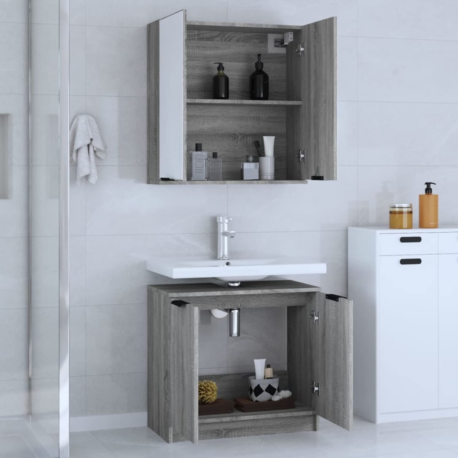 Homgoday Arredo Bagno Completo, Mobile Bagno Completo Moderno, Credenza Armadio da Pavimento per Bagno Mobiletto, Set Mobili da Bagno 2 pz Grigio Sonoma in Legno Multistrato Model3115866